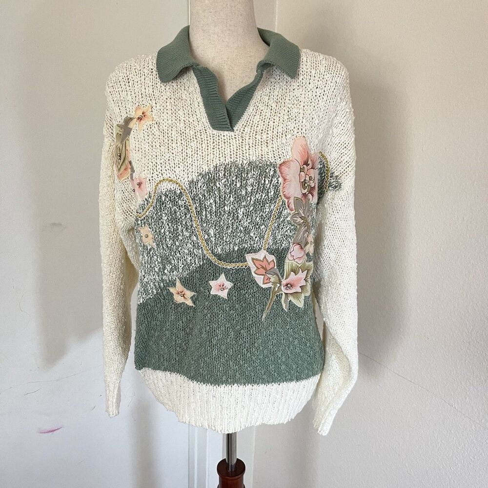 Needles & Yarn Sweater Sz S Fit M Collared Floral Acrylic Green Cream